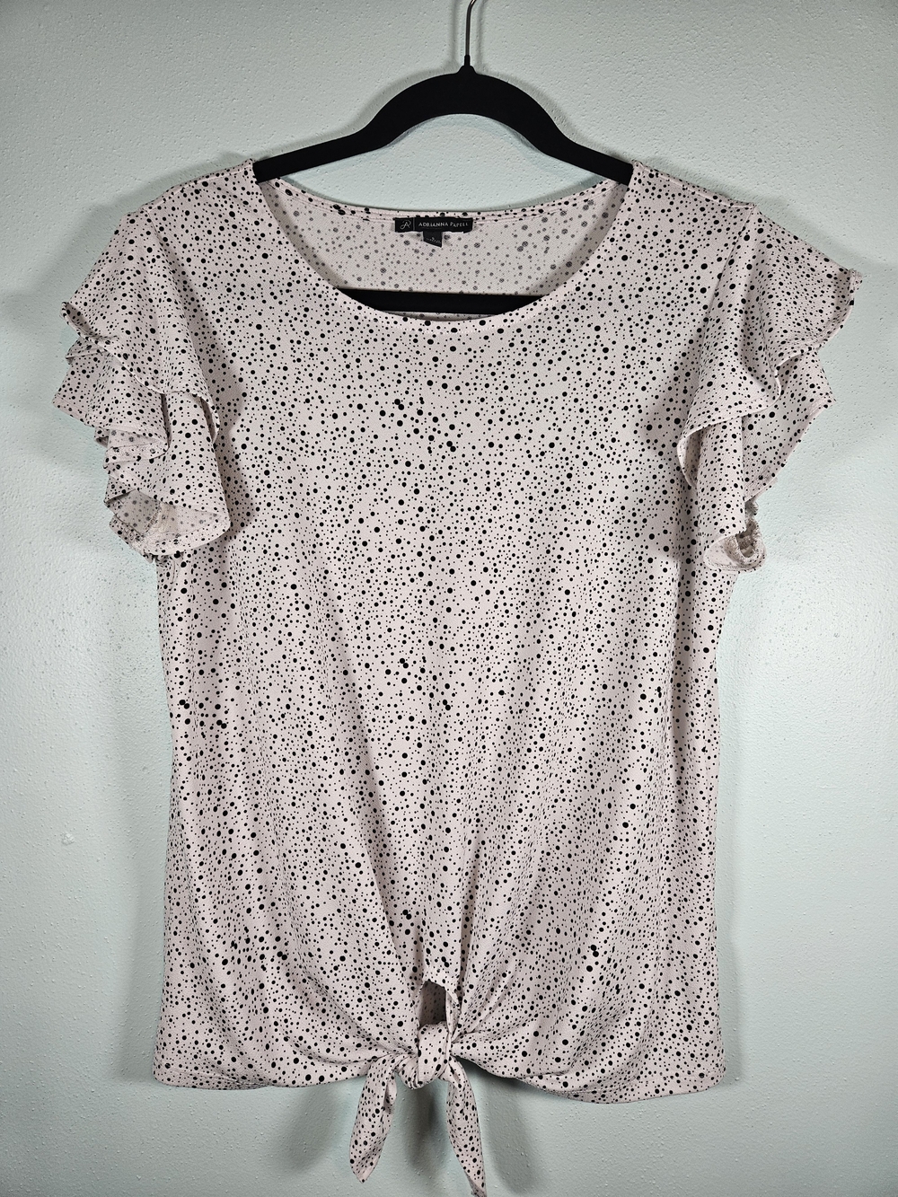 Adrianna Papell White Top With Black Dot Tie-Front Ruffle Sleeve Top